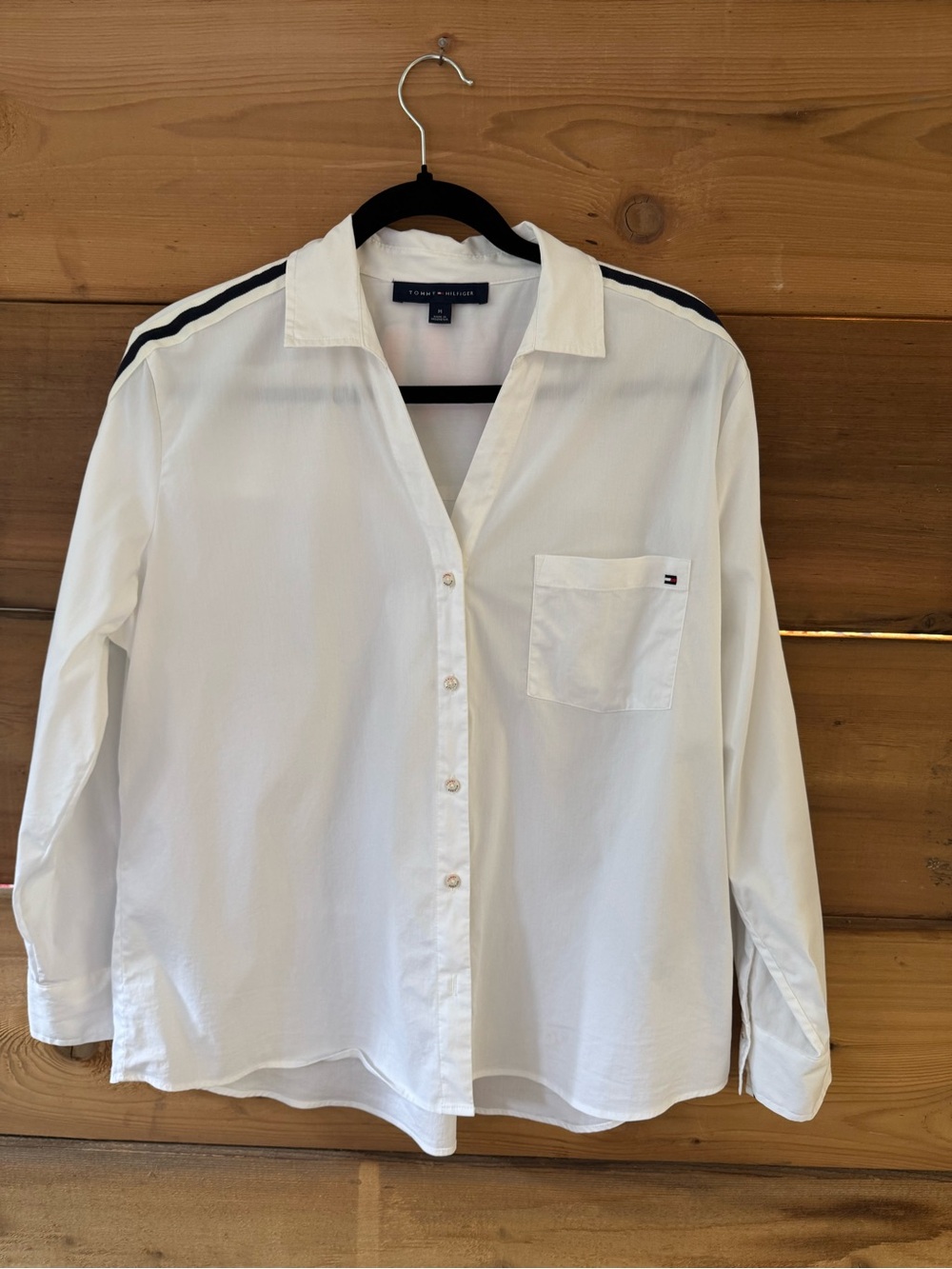 Tommy Hilfiger White Button-Down Shirt with Navy Shoulder Stripes